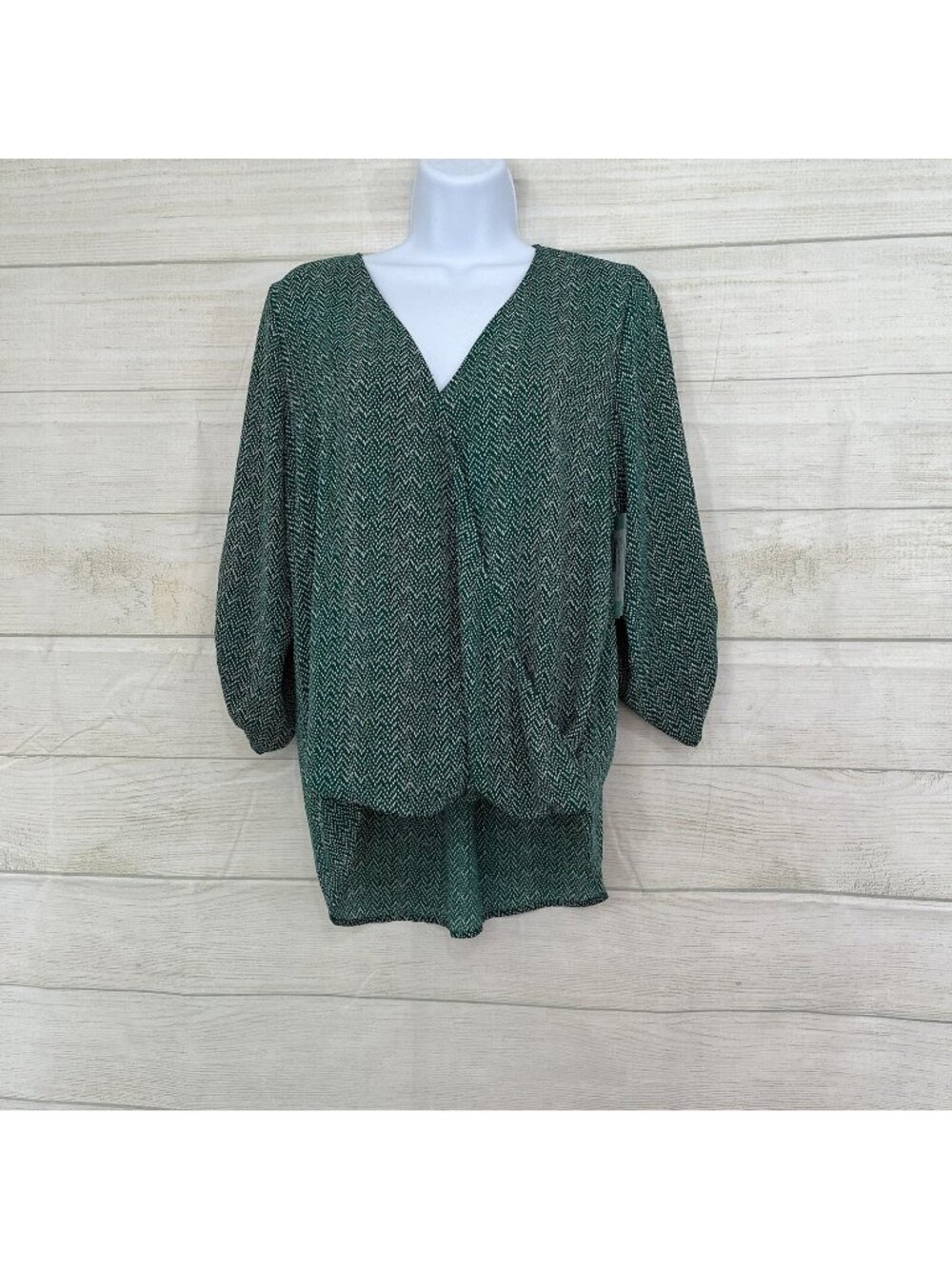 West Kei Green Print V Neck Roll Tab Sleeve Blouse
